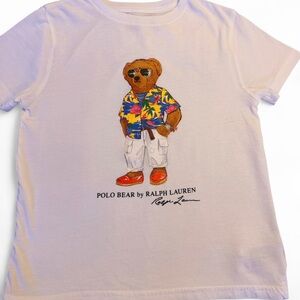 Ralph Lauren White Kids Polo Bear Graphic Tee with Colorful Hawaiian Shirt